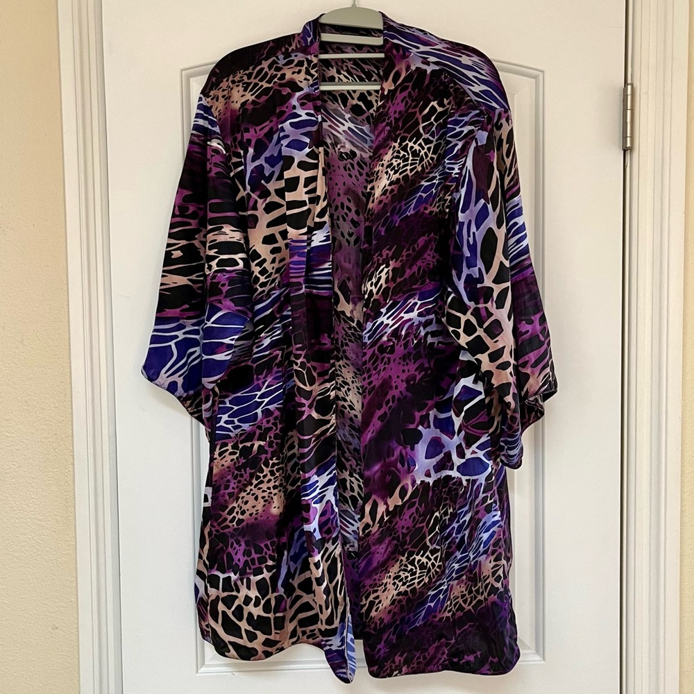 Josie Natori Black Purple Abstract Animal Print Silk Kimono Large L